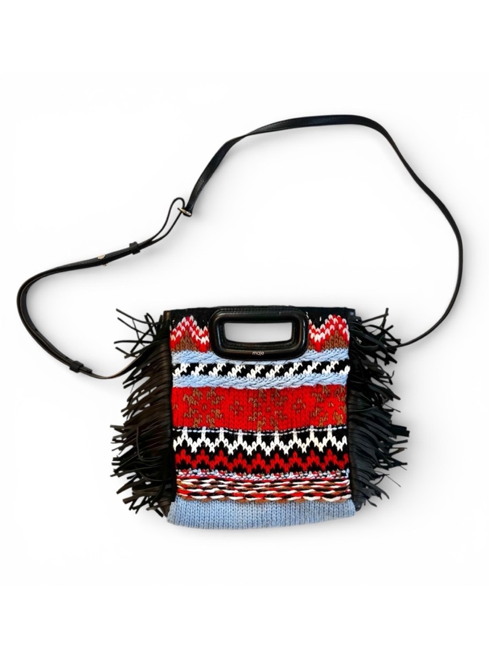 Maje M Bag Wool Knit Sweater Leather Fringed Convertible Crossbody Handbag Purse